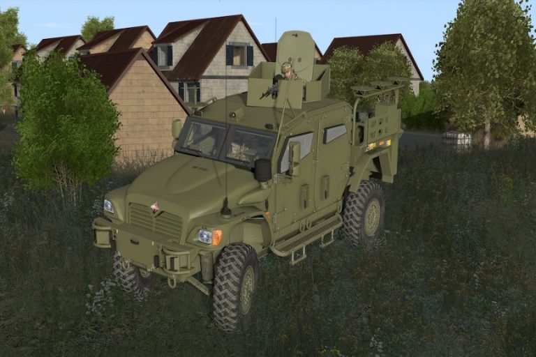 An innovative military vehicle is parked on the grass near houses, with a person visible in a turret on top. Trees and additional buildings form the backdrop, reflecting advanced army virtual reality training scenarios unfolding in this serene landscape.