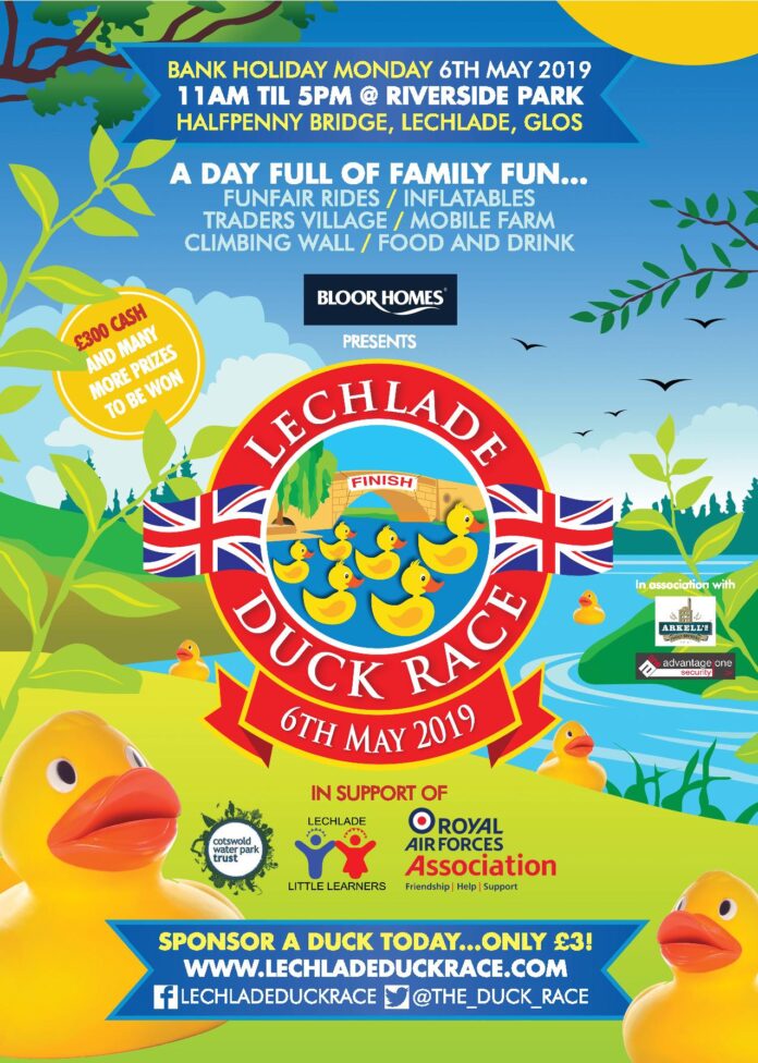 Poster for the Lechlade Duck Race on May 6, 2019, featuring cartoon ducks and event details with flags. Family activities galore!.
