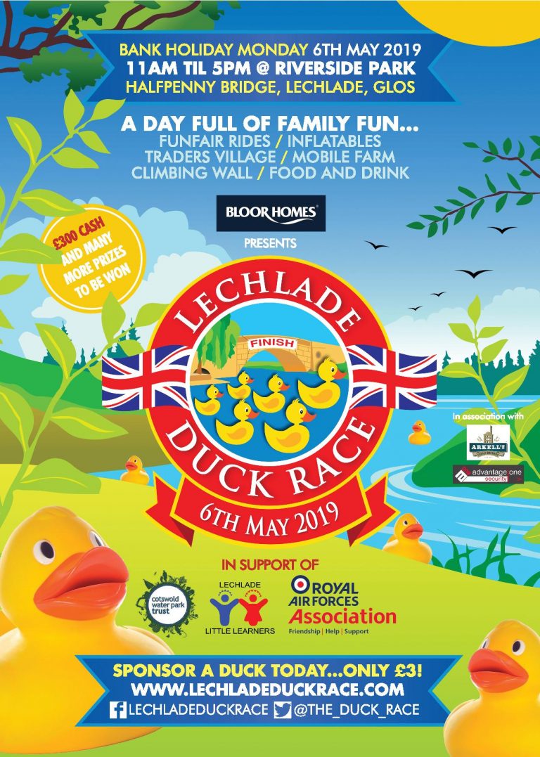 Poster for the Lechlade Duck Race on May 6, 2019, featuring cartoon ducks and event details with flags. Family activities galore!.