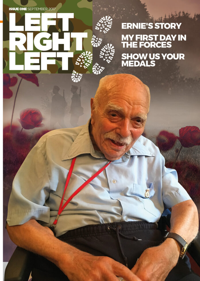 An elderly man with a mustache sits in a chair, proudly wearing a light blue shirt adorned with medals, embodying the essence of a front cover legend. The background features poppies and military-themed text, capturing the spirit of 