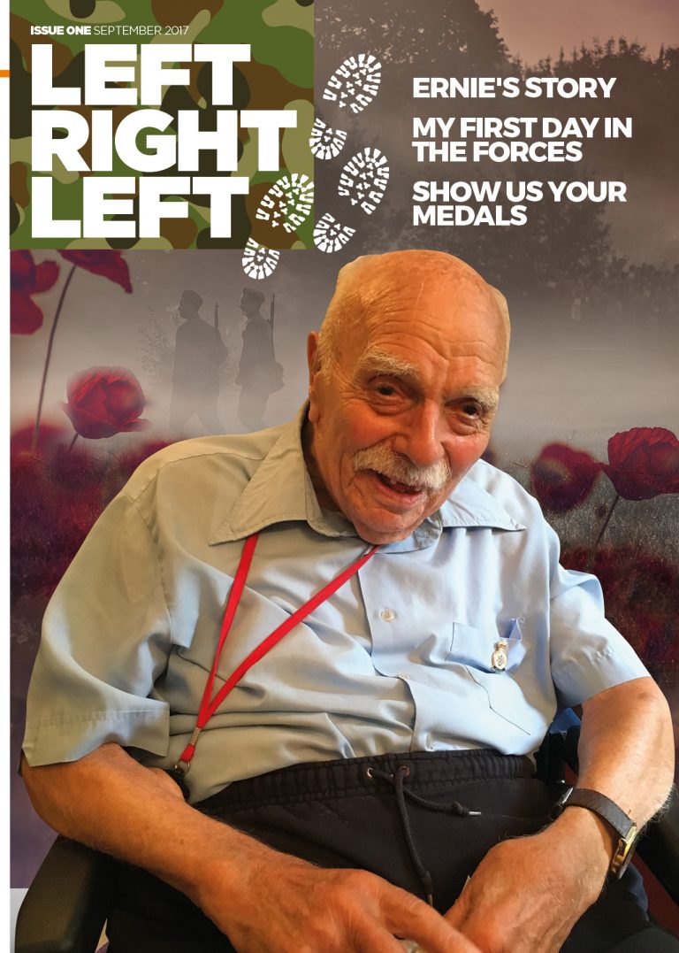 An elderly man with a mustache sits in a chair, proudly wearing a light blue shirt adorned with medals, embodying the essence of a front cover legend. The background features poppies and military-themed text, capturing the spirit of "Left Right Left.