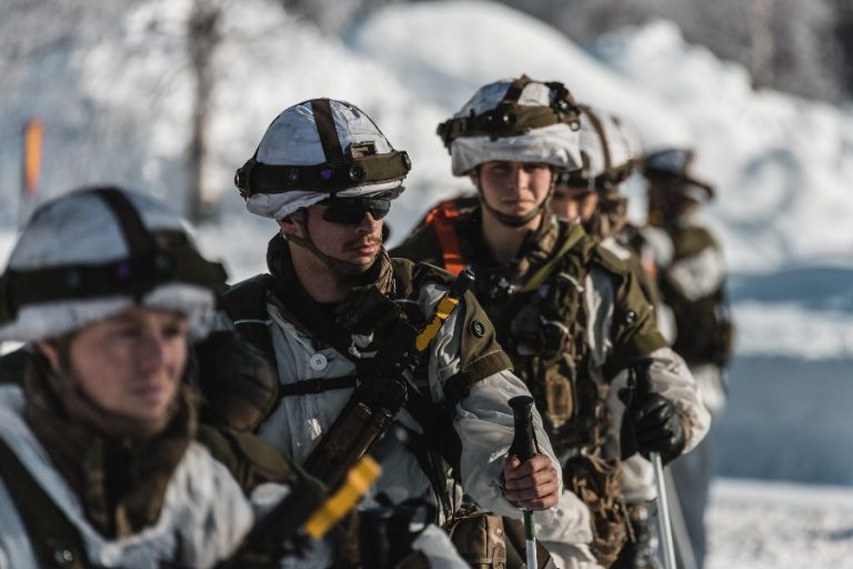 A group of Marines in winter camouflage gear stand in line, holding ski poles amid snow-covered surroundings, ready for the fierce test of Sweden's icy terrain.