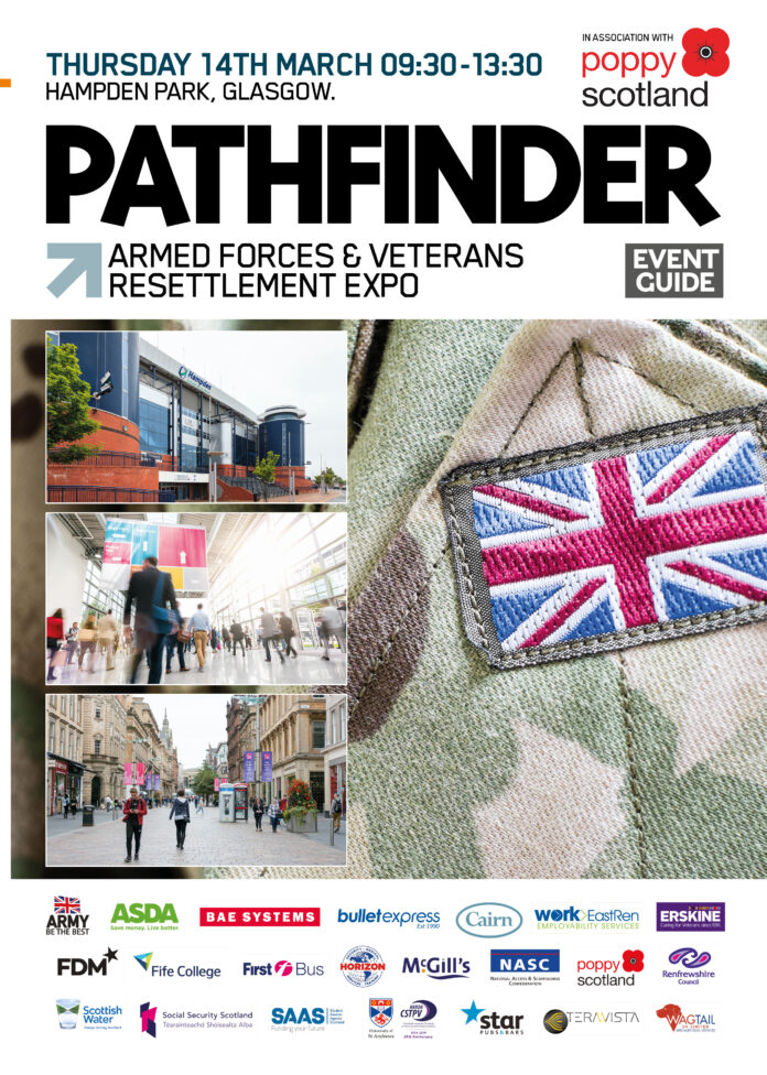 Pathfinder Armed Forces & Veterans Resettlement Expo event guide cover, showcasing logos and a uniform with a British flag patch, invites you to explore the array of exhibitors at the Glasgow Expo on March 14th at Hampden Park.