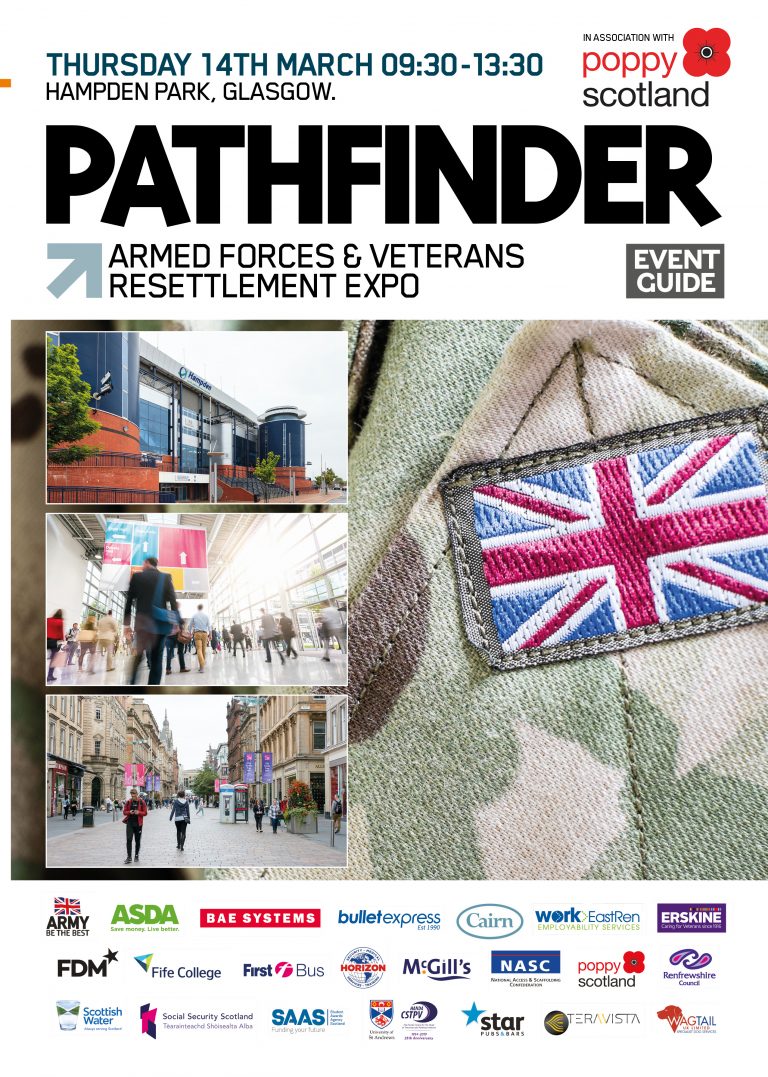 Pathfinder Armed Forces & Veterans Resettlement Expo event guide cover, showcasing logos and a uniform with a British flag patch, invites you to explore the array of exhibitors at the Glasgow Expo on March 14th at Hampden Park.
