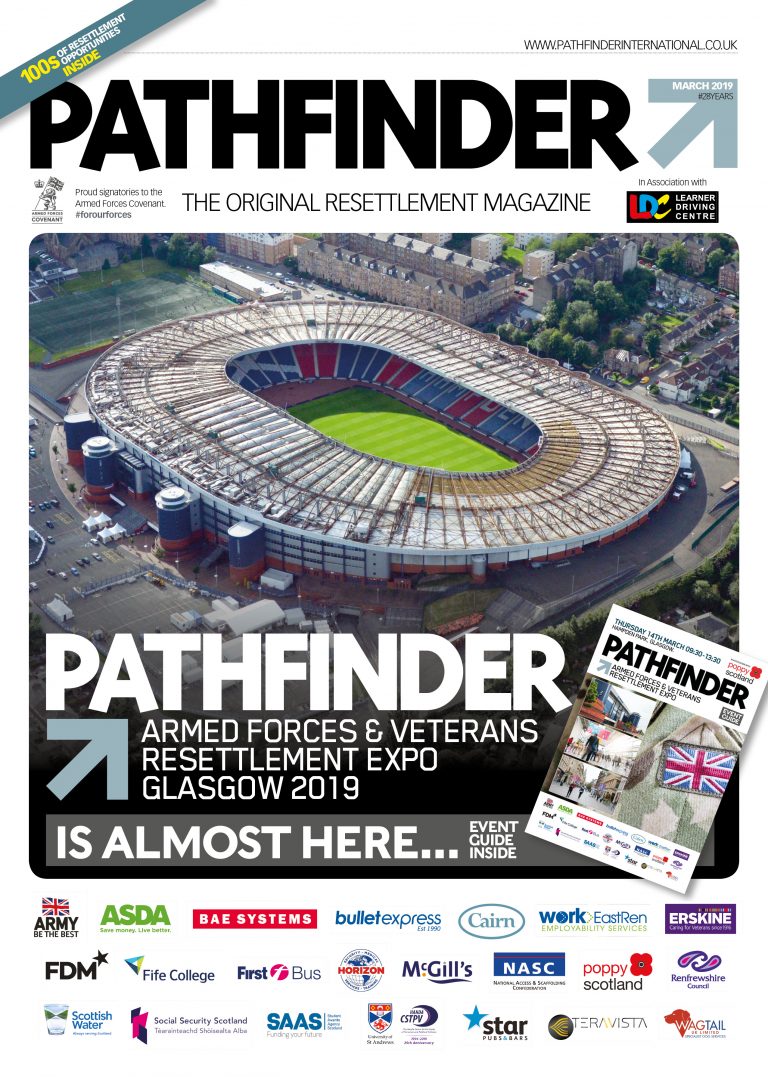 An aerial view of a stadium graces the March issue cover of Pathfinder International, promoting the Armed Forces & Veterans Resettlement Expo Glasgow 2019.
