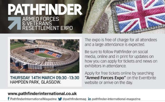 Promotional image for the Pathfinder Armed Forces & Veterans Resettlement Expo at Hampden Park, featuring a British flag patch. Join us in Glasgow on Thursday 14th March, 09:30-13:30. Meet a variety of exhibitors and learn more about the event details.
