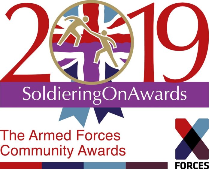 2019 Soldiering On Awards logo showcases figures holding hands over a Union Jack design, celebrating Diversity and Inclusion within The Armed Forces Community Awards by X-Forces.