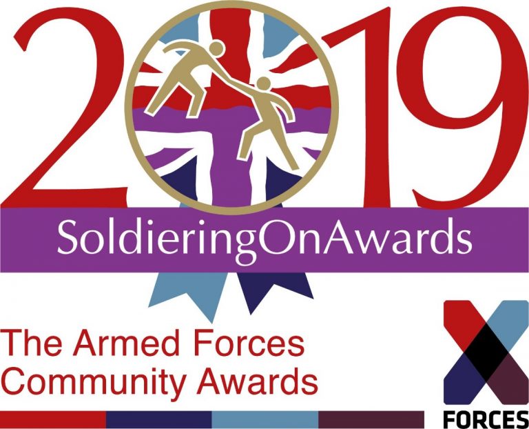 2019 Soldiering On Awards logo showcases figures holding hands over a Union Jack design, celebrating Diversity and Inclusion within The Armed Forces Community Awards by X-Forces.