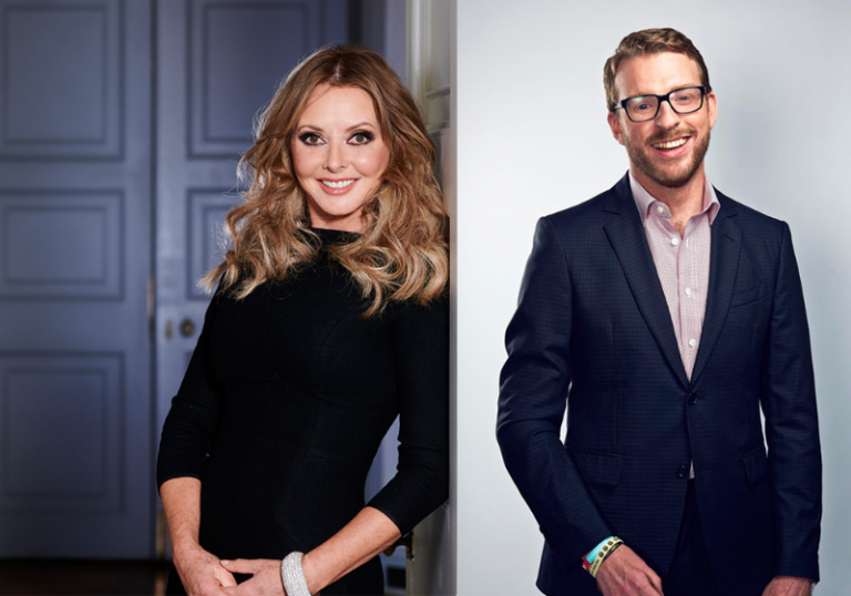 A woman in a black dress stands in front of closed double doors, while a man in a suit poses against a white background, both smiling at the camera. Their confident presence adds charm, capturing the essence of the 2019 Soldiering On Awards.