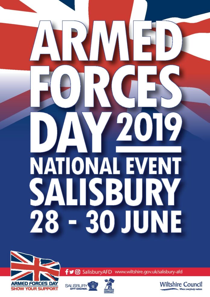 Poster for Armed Forces Day 2019, a national event in Salisbury from June 28-30. Featuring a UK flag background and event logos at the bottom, this celebration acknowledges our pathfinders and is supported by our media partner.