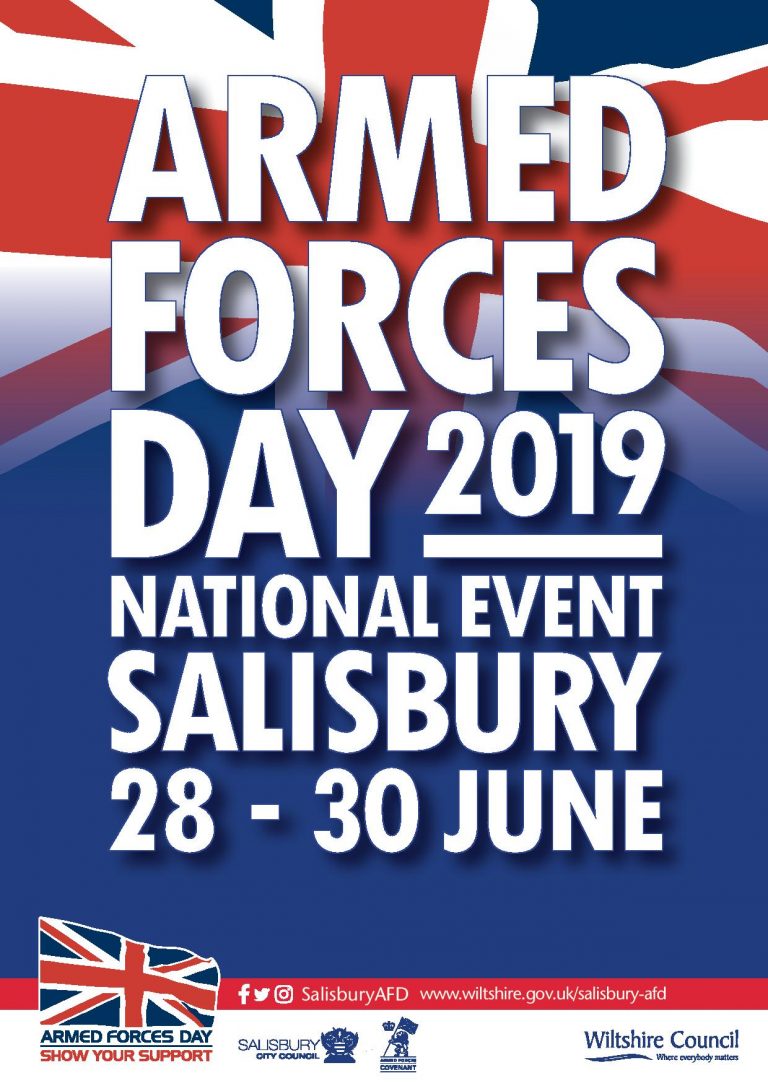 Poster for Armed Forces Day 2019, a national event in Salisbury from June 28-30. Featuring a UK flag background and event logos at the bottom, this celebration acknowledges our pathfinders and is supported by our media partner.