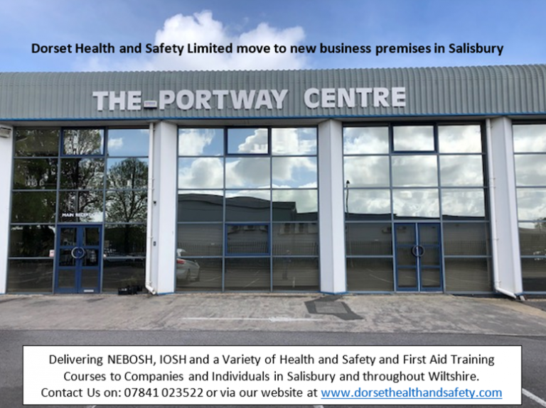 Exterior view of The Portway Centre showcasing Dorset Health and Safety Ltd. signage at their new premises. Contact details for the course provider's training offerings are displayed below.