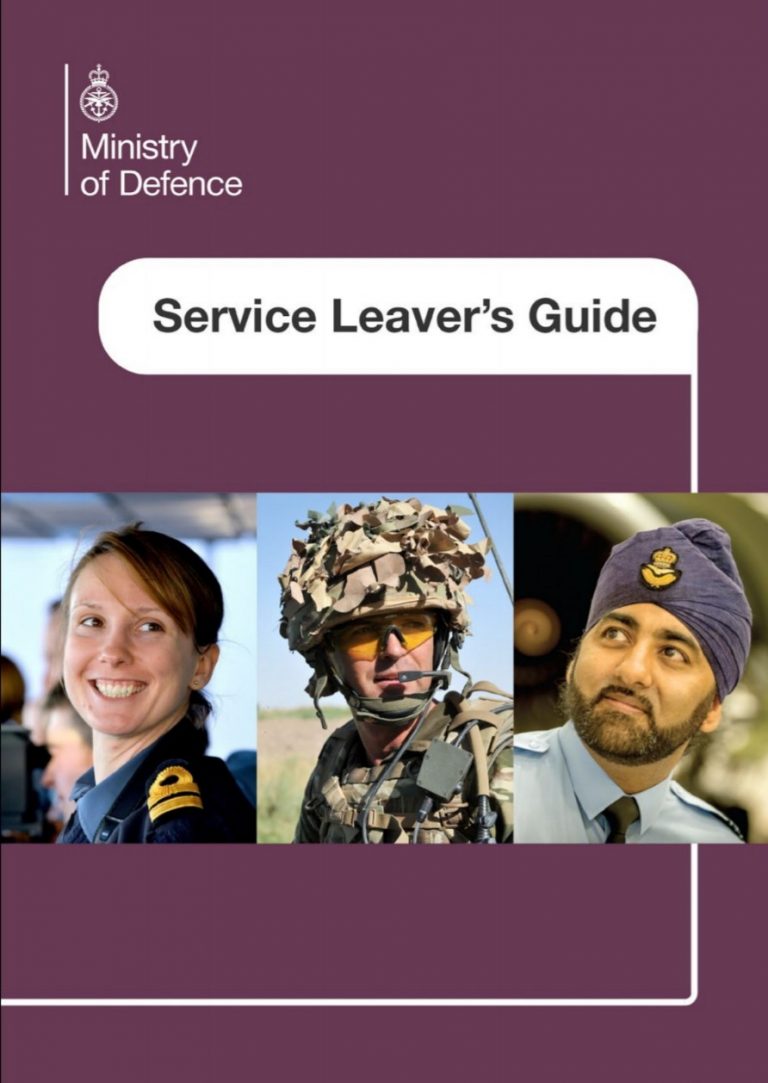 Updated cover of the Ministry of Defence's "Service Leaver's Guide" featuring three individuals in different military uniforms.