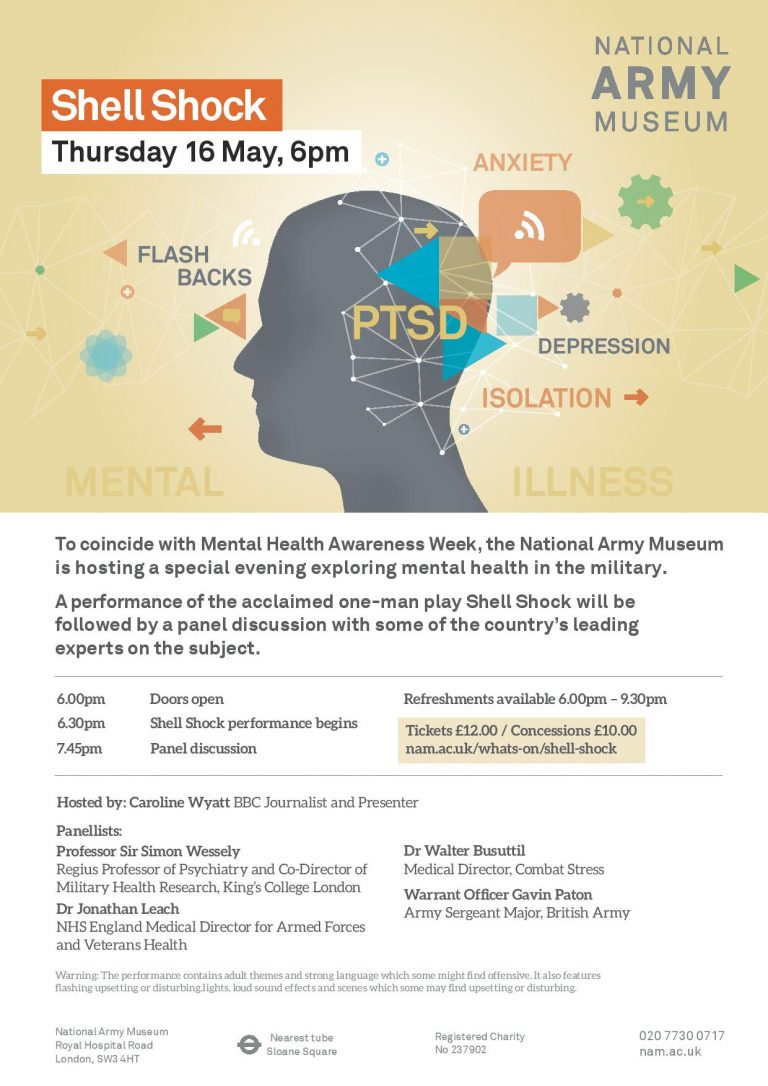 Join us for the "Shell Shock" event at the National Army Museum on 16 May, 6pm. Featuring a collaborative panel discussion on military mental health. Tickets: £12/£10. Enjoy refreshments from 6-9:30pm. For more info, call: 020 7730 0717.