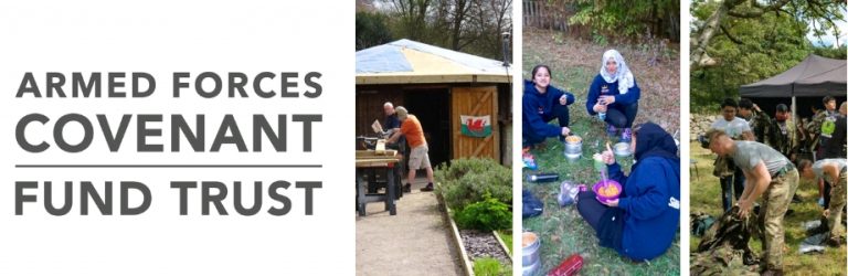 Collage with the Armed Forces Covenant Fund Trust logo, showcasing a man woodworking, people enjoying an outdoor meal, and a group planting trees.