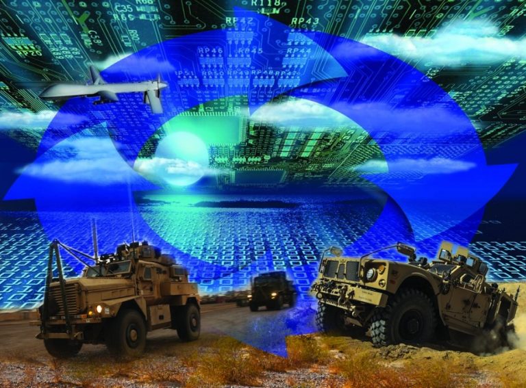 Military vehicles and a surveillance drone with a digital background featuring a refresh symbol, illustrating the seamless integration of technology in modern warfare.