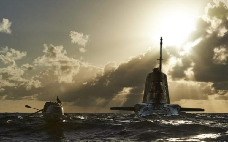 A submarine surfaces next to a small rowboat on the open sea, under a cloudy sky with sun breaking through—a secretive invitation to an Oardacious party beneath the waves.