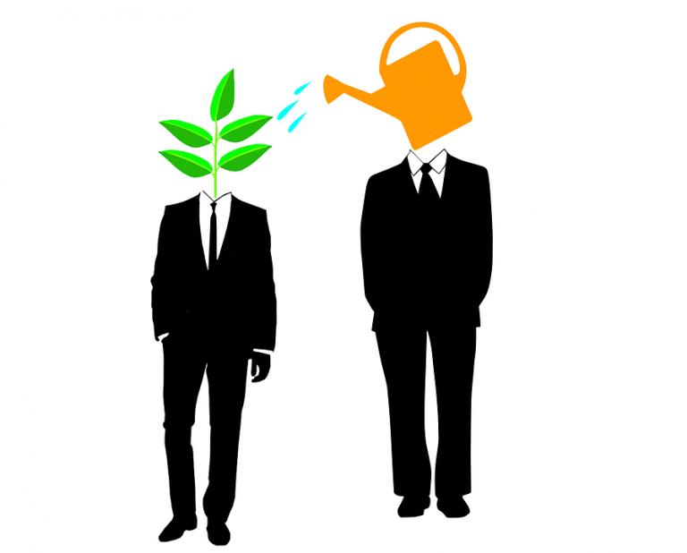 Illustration of two men in suits; one, symbolizing ex-service personnel, has a plant for a head, while the other, representing an online mentoring guide, pours water from a watering can onto the plant.