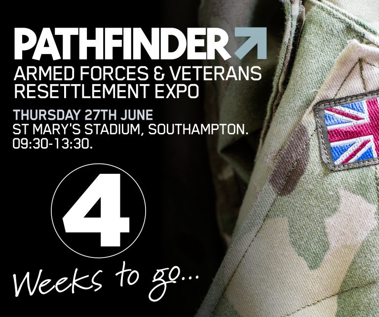 Camouflage uniform with Union Jack patch; text promotes "Pathfinder Armed Forces & Veterans Resettlement Expo" on Thursday, 27th June, at the Southampton Expo in St Mary's Stadium; "4 weeks to go. Meet top exhibitors and explore unique opportunities.