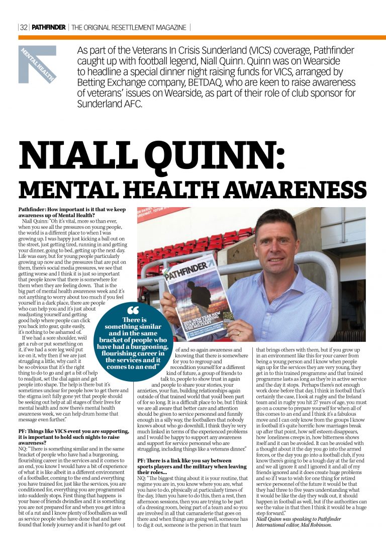 A man holding the May 2019 Issue of a magazine stands in front of a building. The cover highlights "Pathfinder International" and "Niall Quinn: Mental Health Awareness," hinting at the insightful inside content waiting to be explored.