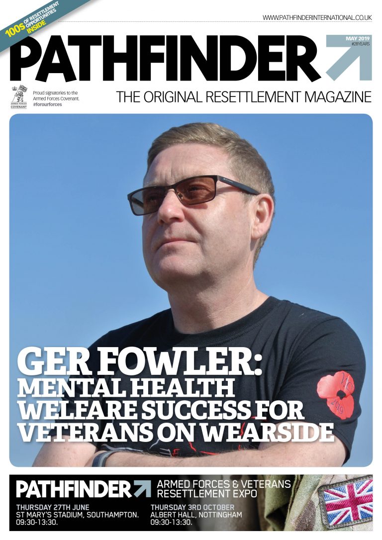 Cover of the May 2019 Issue of Pathfinder International magazine features a man in sunglasses with a headline highlighting mental health welfare success for veterans, optimized with SEO keywords.