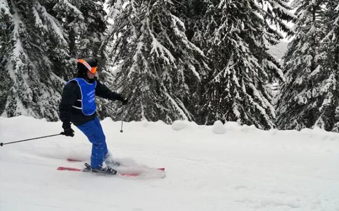 Gliding gracefully down a pristine piste, the skier navigates the snowy forest in a blue vest, blue pants, and an orange visor helmet. The serene descent not only exhilarates but also serves as a testament to effective sports recovery and rehabilitation practices.