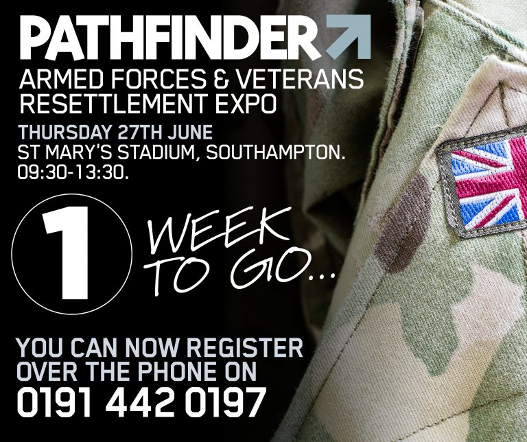Promo image for the Southampton Expo, focusing on Armed Forces & Veterans Resettlement, on June 27 at St Mary's Stadium. Includes a military uniform and "1 week to go" note. Don't miss out—register now or call us to learn more!.