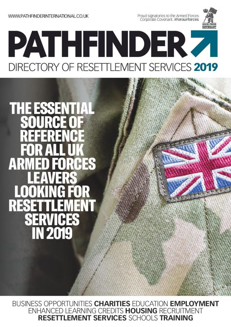 Cover of the Pathfinder International Resettlement Directory 2019, featuring armed forces resettlement services. Includes a British flag patch on military camouflage and text about opportunities for service leavers.