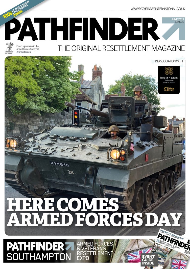 Magazine cover featuring a military vehicle with soldiers, promoting Armed Forces Day in Southampton. The title reads "Here Comes Armed Forces Day: Special Pathfinder Issue.