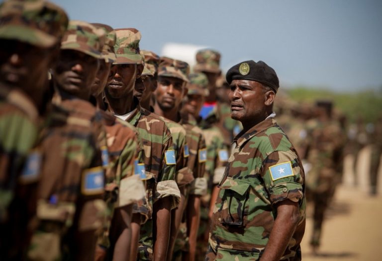 Soldiers in camouflage uniforms with Somalia flag patches stand in formation outdoors at the UK Training Centre, led by a commanding officer in a beret.