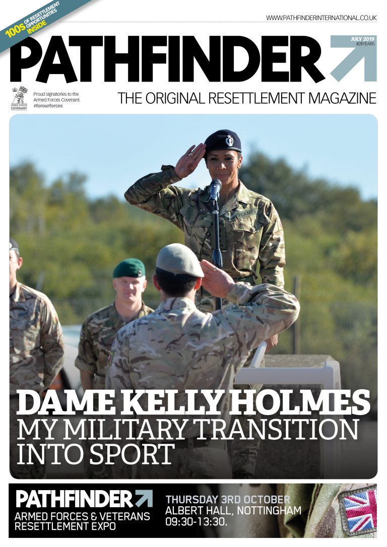 In the July issue of "Pathfinder" magazine, a soldier speaks at a podium on the cover, featuring "Dame Kelly Holmes: My Military Transition into Sport.