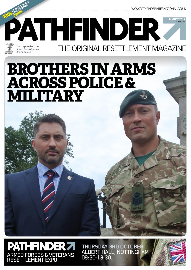 On the cover of Pathfinder International's August 2019 issue, two men in uniform stand side by side under the headline "Brothers in Arms Across Police & Military.