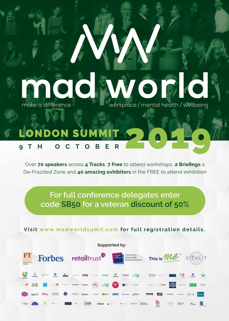 Promotional poster for Mad World London Summit 2019, showcasing date, focus topics, speaker count, and a veteran discount offer. Highlighting our media partner Pathfinder Magazine. Logos of sponsors and partners featured at the bottom.