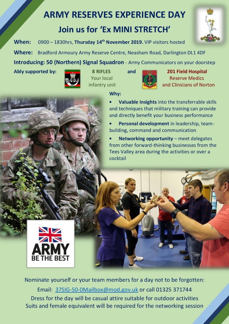 Join us for the Army Reserves Experience Day in Darlington! Discover leadership, gain new skills, and expand your network. Explore the benefits of being part of the Army Reserves. For event details and contact information, look for our flyer featuring the iconic Army logo.
