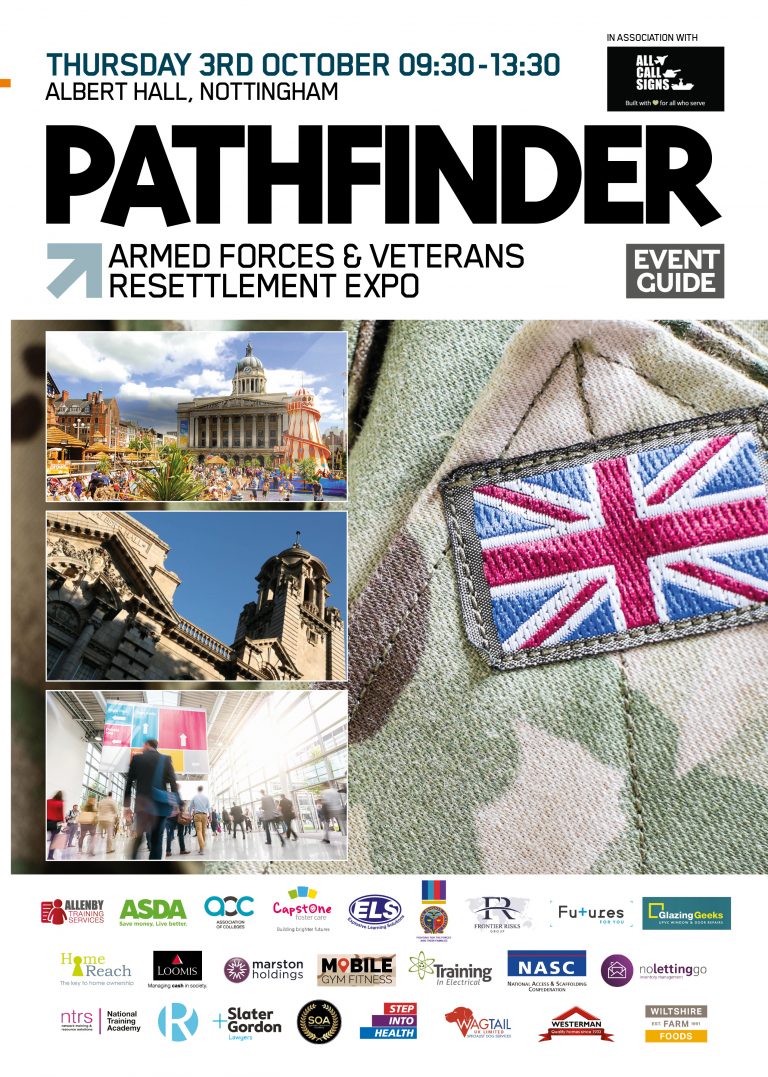 Explore military career opportunities at the Pathfinder Armed Forces & Veterans Resettlement Expo in Nottingham. The image features city landmarks, a military uniform with a British flag patch, and sponsor logos. Discover key networking tips to enhance your professional journey.