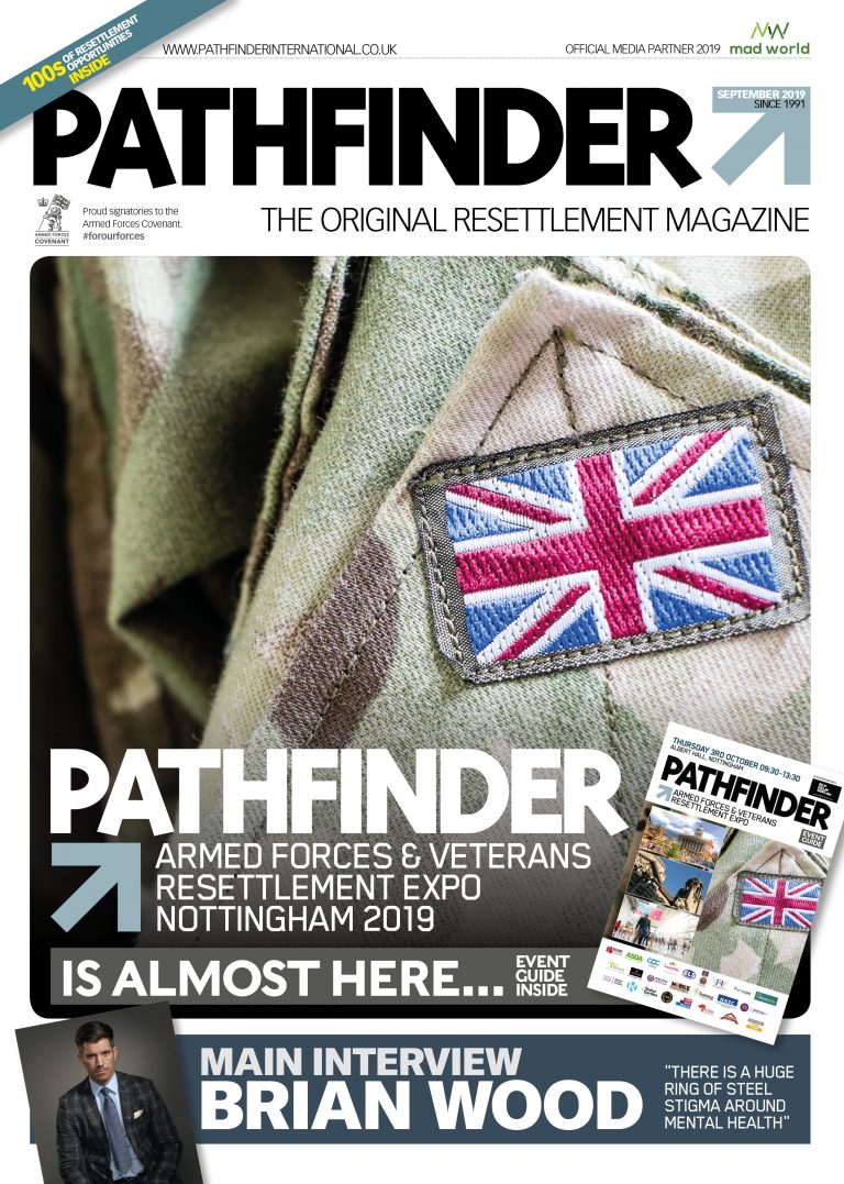 Magazine cover featuring "Pathfinder International" with topics on armed forces resettlement and mental health. Includes an image of a military uniform with a Union Jack patch and a sneak peek into the September issue's content.