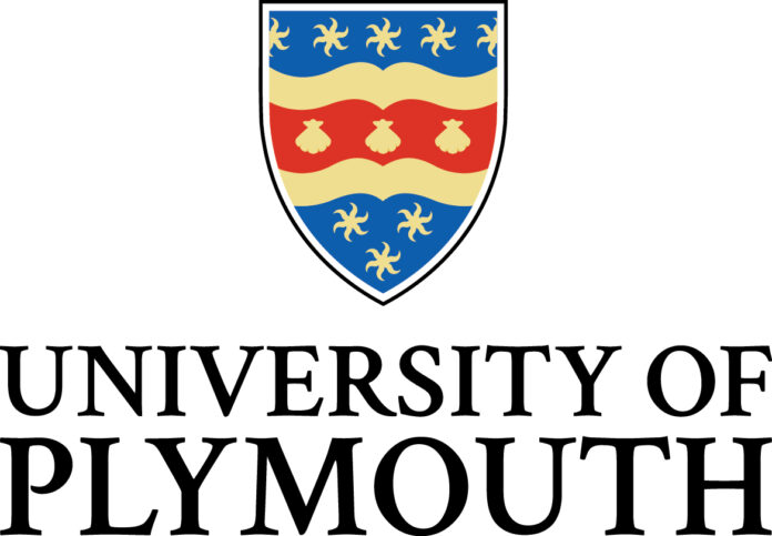 The University of Plymouth logo showcases a shield adorned with wavy patterns and three scallop shells, alongside stylized motifs. Above this emblem, bold text proudly states 