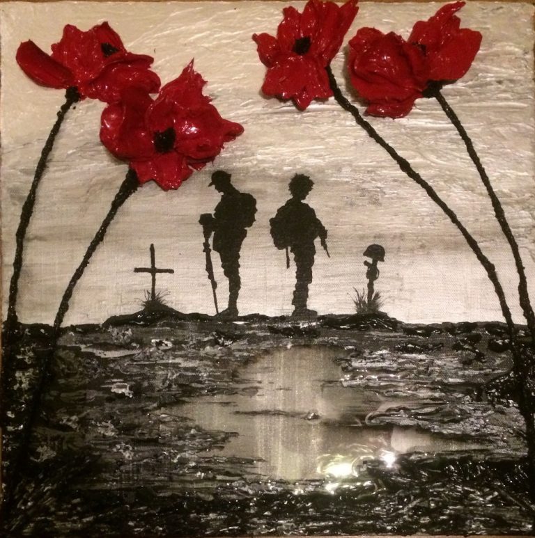 Silhouettes of two soldiers stand by a grave marked with a cross and helmet. Red flowers, reminiscent of Poppy Artist Jacqueline Hurley's work, are in the foreground. The black and white background gives a somber tone.