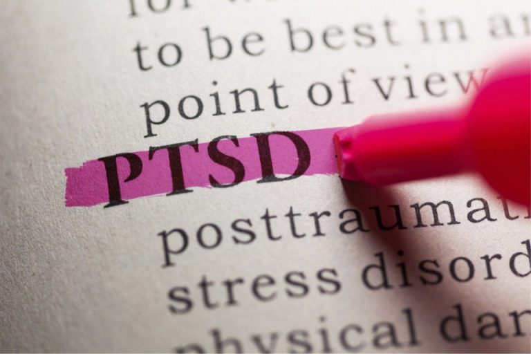 The word "PTSD" is highlighted in pink in a dictionary entry with a pink marker, underscoring the importance of providing support to veterans who face this challenge.