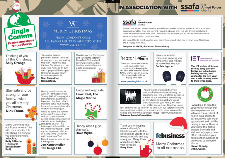 Our festive newsletter layout features Christmas messages, greetings, and charity information. Complete with Jingle Comms, holiday graphics, and SSAFA branding from Troops 2019 and partners.