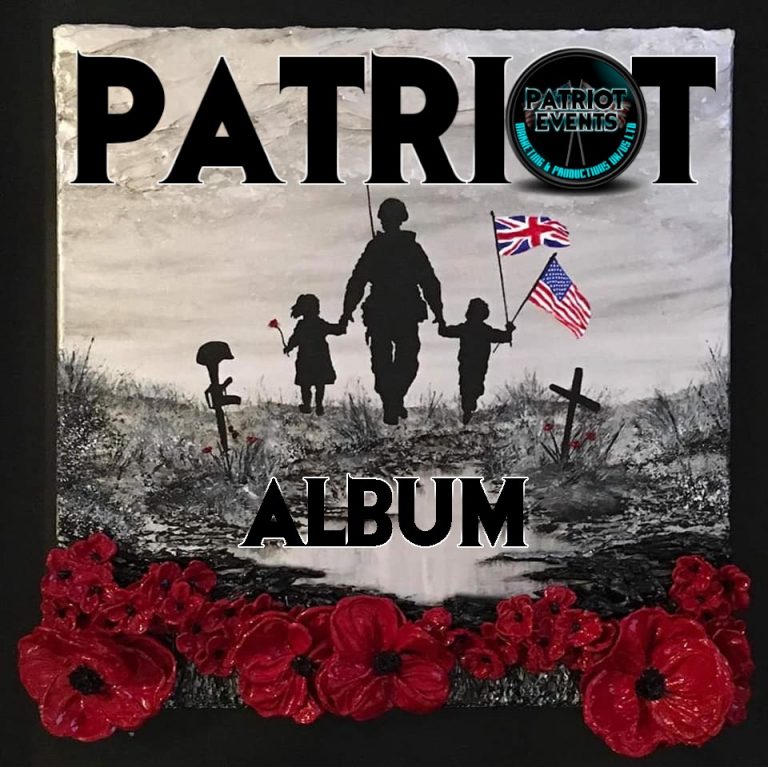 Silhouette of a soldier, child, and another figure walking with flags. Text reads "Patriot Album." Veterans are honored as red poppies adorn the bottom, with crosses and poppies in the foreground, setting a poignant scene perfect for a Christmas album to raise funds.