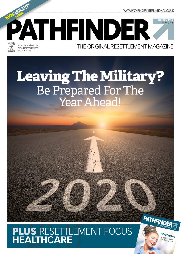 Magazine cover for the January 2020 Issue of Pathfinder International, featuring "PATHFINDER" with a road leading to a mountain marked "2020." Headline: "Leaving The Military? Be Prepared For The Year Ahead!" Includes "PLUS Resettlement Focus Healthcare".