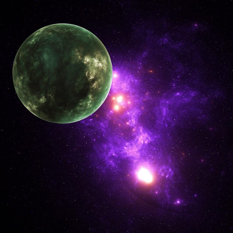 A green planet with glowing clouds is set against a purple nebula and starry background in space, representing the cutting-edge advancements in UK Space Defence, a sector benefitting from a £1.4 billion investment.