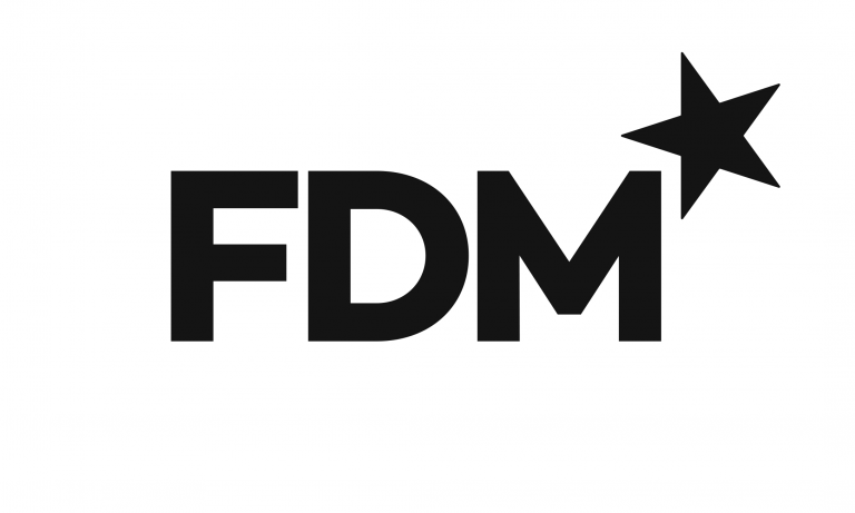 Black letters "FDM" with a black star on a white background.