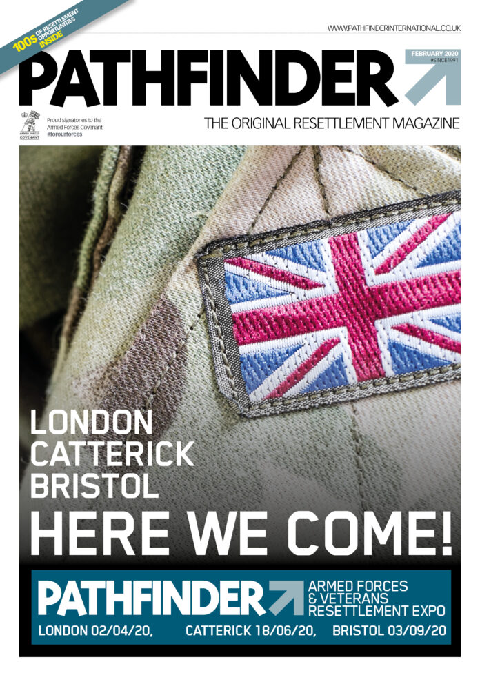 Close-up of a military uniform featuring a Union Jack patch, spotlighting resettlement events in London, Catterick, and Bristol for the February issue of Pathfinder International magazine.