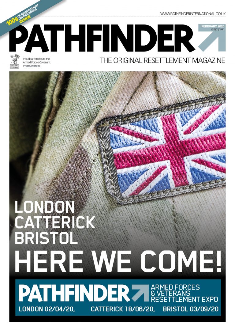 Close-up of a military uniform featuring a Union Jack patch, spotlighting resettlement events in London, Catterick, and Bristol for the February issue of Pathfinder International magazine.