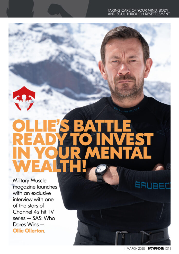 A man in outdoor gear stands with arms crossed before snowy mountains, featured in a magazine article about mental health, resettlement, and investment in well-being—a true pathfinder navigating new beginnings.