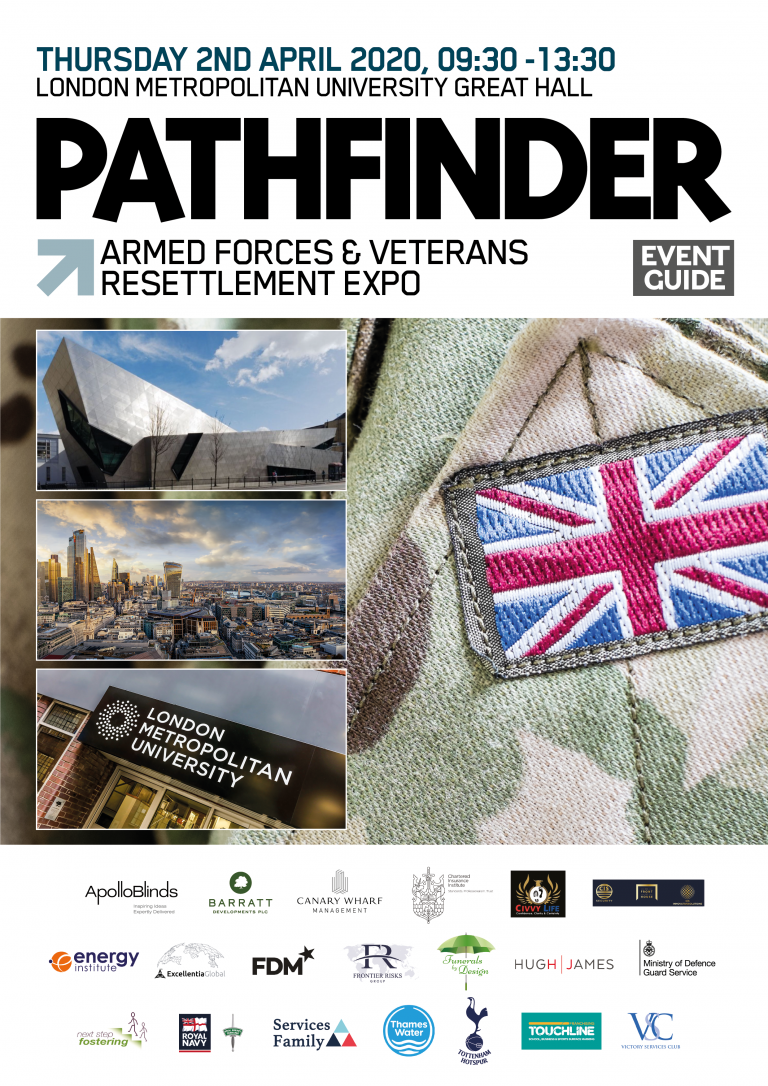 Event guide poster for the Pathfinder Armed Forces & Veterans Resettlement Expo, April 2, 2020, at London Metropolitan University, showcasing key event details, military images, and sponsor logos.