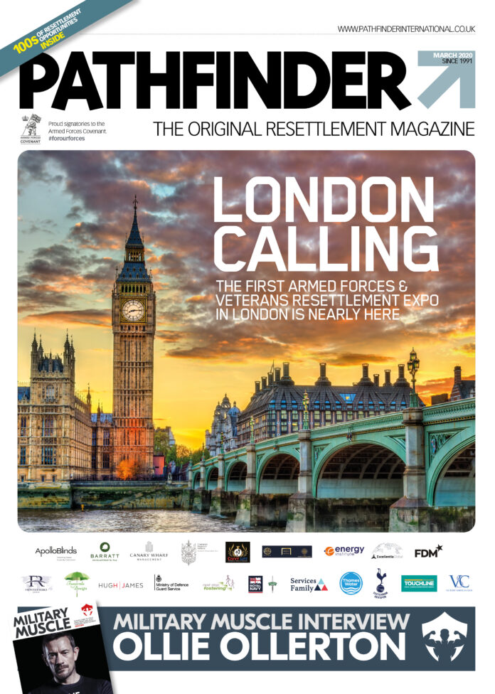 Cover of Pathfinder magazine featuring London’s Big Ben at sunset, promoting a Veteran Armed Forces & Royal Navy Resettlement Expo, with sponsor logos and a headline about an Ollie Ollerton interview.