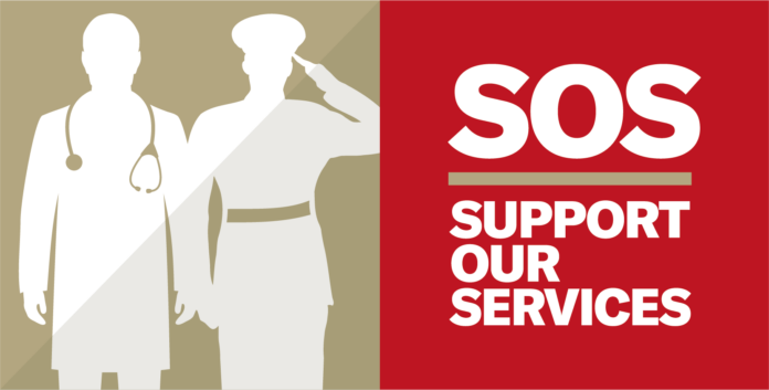 Silhouettes of a doctor and a saluting Veteran next to bold text reading 